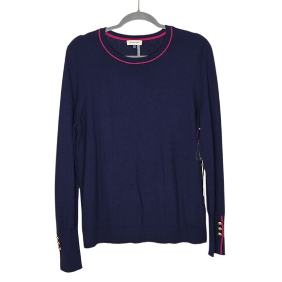 COURT & ROWE Navy Pink Trim Sweater Gold Button Cuffs crew neck Size Large NWT - Picture 6 of 9